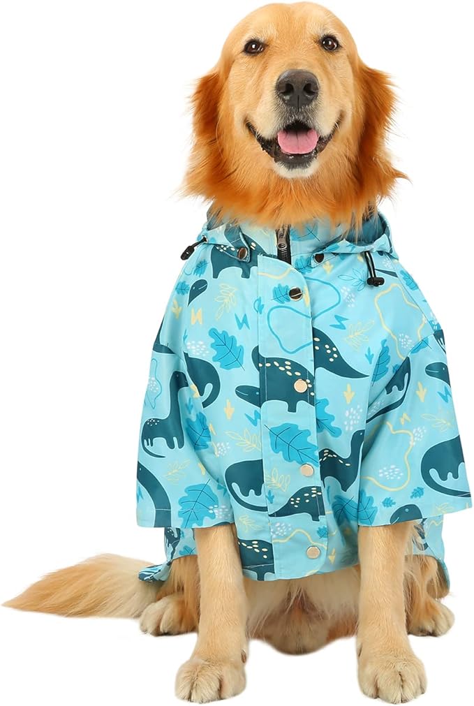 HDE Dog Raincoat Poncho Double Layer Zip Rain Jacket with Removable Hood, Leash Hole for Small to 3XL Dogs and Puppies Dinosaurs - 2XL