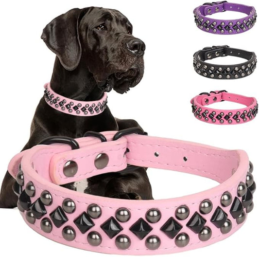 Serijoars Spiked Studded PU Leather Dog Collar for Small, Medium, Large Breeds, Pit Bull, Bully, Husky, Terrier, Adjustable (Pink, M (32-38CM))