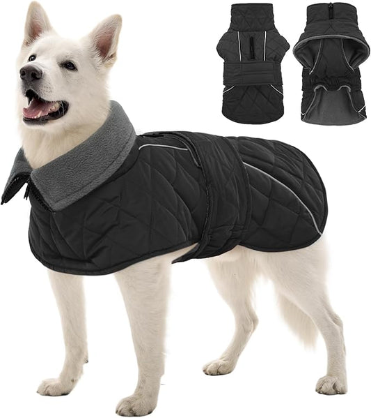 Kuoser Super-Warm Fleece Dog Jacket, Christmas Dog Coat Quilted Thermal Turtleneck Puppy Snowsuit, Windproof & Reflective Pet Winter Clothes for Large Dogs, Dark Grey 2XL