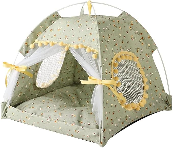 Cat Bed Tents Dog House Indoor Outdoor Lace Mesh Breathable Windows Door Curtains Removable Portable Nest Teepe House (Large,Green&Yellow)