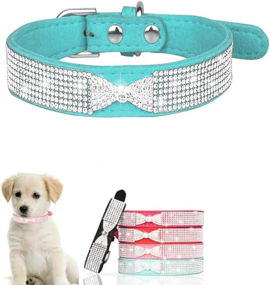 Serijoars Small Dog Collar with Rhinestone Crystal Diamond Colorful Bling Girl Puppy Cat Collars (L, Light Blue3)