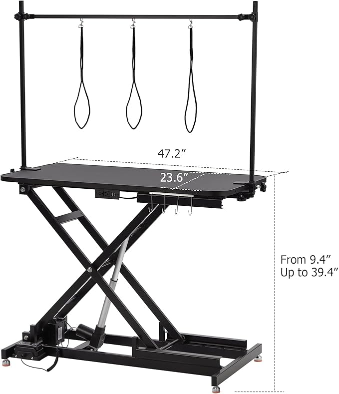 47” Electric Lift Dog Grooming Table (Black), Heavy Duty Electric Grooming Arm Table for Pets & Large Dogs Adjustable Height: 9.4 in-39.4 in Non-slip Desktop with Gantry Crane Set