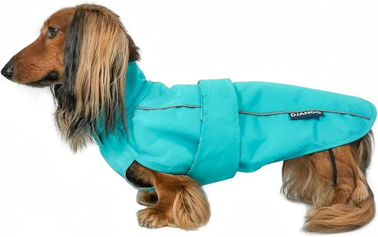 DJANGO Dog Jacket & Raincoat – Lightweight Water-Resistant Coat for Small, Medium & Long Dogs Like Dachshunds – Reflective, Adjustable Fit, Harness-Compatible & Easy-Access Harness Hole - Blue, Medium