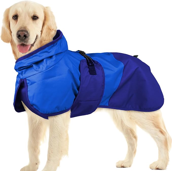 BRKURLEG Dog Raincoat Adjustable Dog Rain Jacket with Hood Dogs Waterproof Rainproof Jacket with Leash Hole Pet Poncho Rain Coat Poncho with Reflective Strip, Blue, XXXL