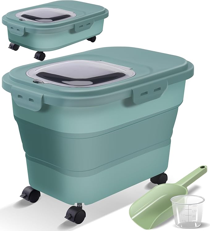 Collapsible Dog Food Storage Container with Lids, Airtight 30 35 Lbs Rice Cereal Flour Sugar Containers Dispenser, Sealable 20 25 Lbs Dog Pet Cat Bird Seed Kitchen Holder Bin Bucket with Rolling Wheel