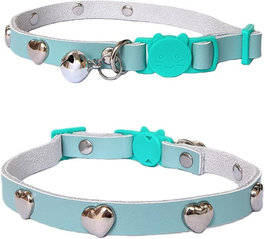 Spiked Cat Collar with Bells, Breakaway Genuine Leather Protective Collar for Kitty, Studs Spikes Punk Style, Heart Pattern, Adjustable for Girl Boy Kittens Small Bunny Rabbit, 10"-12" Blue