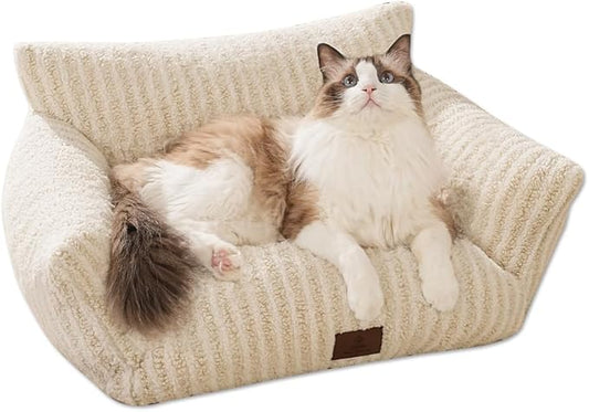 Cozy Couch for Cats Fluffy Pet Sofa with Premium Soft Fleece Fuzzy Cat Beds for Indoor Cat with Removable Washable Cover Supportive Pet Bed 24×18inch Beige