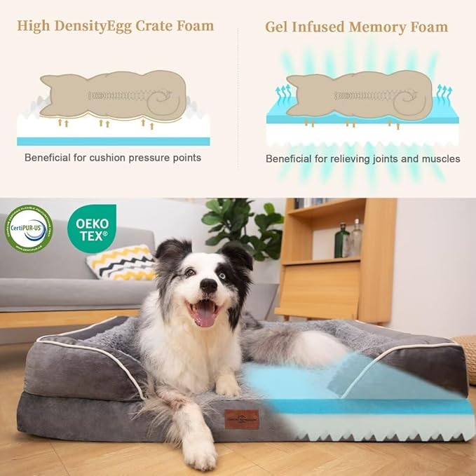 Comfort Expression Orthopedic Dog Bed for Extra Large Dogs 53x42 Inch, Waterproof Memory Foam XXL Pet Bed with Removable Bolsters, Dog Couch with Washable Cover & Non-Slip Bottom, Silver Grey