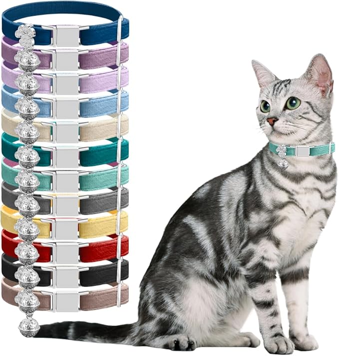 Personalized Breakaway Cat Collars - Magnetic Buckle, Bell - Safety Quick Release, Customized for Girls & Boys Cats- (Velvet-Light Purple)