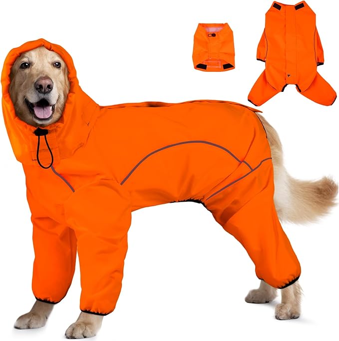 Dog Raincoat, Waterproof Dog Rain Jacket with Removable Hood，Adjustable 4 Legs Pet Poncho with Leash Hole，Reflective Stripe Hooded Snowproof Windproof Clothes for Small to 3X-Large Dogs, 2XL