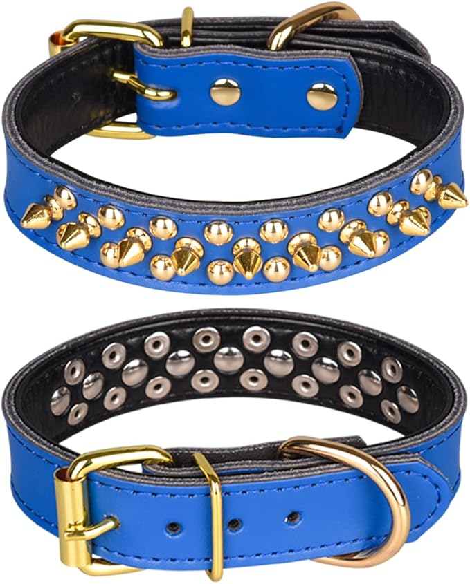 Adjustable Genuine Leather Spiked Studded Dog Collars for Small Medium Large Pets Like Pit Bull Bulldog Pugs Husky (L, Dark Blue2)