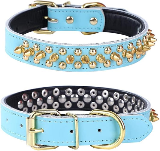 Adjustable Genuine Leather Spiked Studded Dog Collars for Small Medium Large Pets Like Pit Bull Bulldog Pugs Husky (S, Light Blue2)