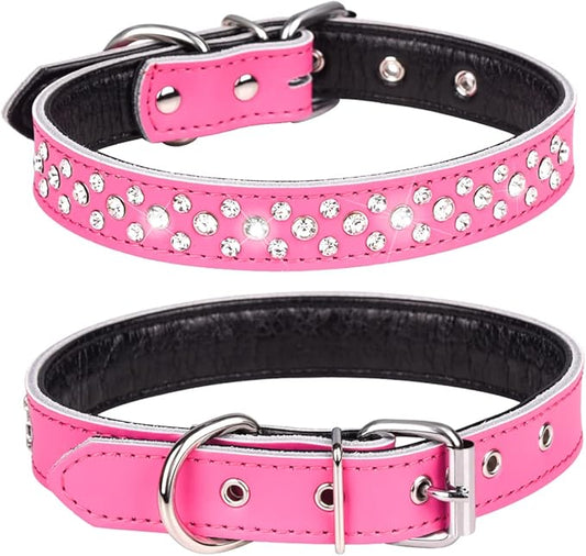 Rhinestones Dog Collar, Adjustable Sparkly Crystal Studded Genuine Leather Pet Dog Collar for Small and Medium Dogs (L, Hot Pink)