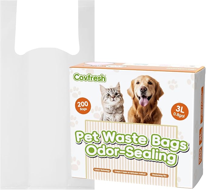 Odor-Sealing Dog Poop Bags with Handles, 200-Count Large Capacity (3L) Pet Waste Bag, Unscented Poop Bags for Dogs or Cat Litter, Conceals Smell & Mess(White)