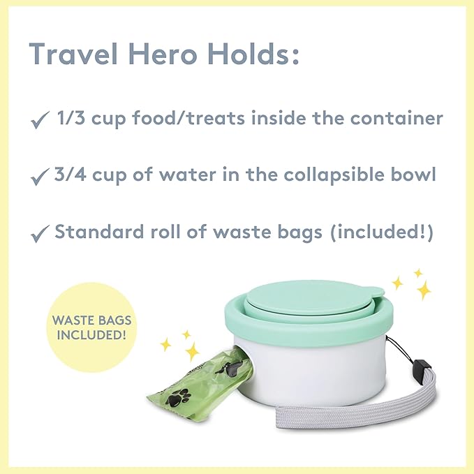 Sweet Paws Travel Hero 3-in-1 Portable Pet Food Container, Silicone Water Bowl, and Poop Bag Dispenser in One, Glacier