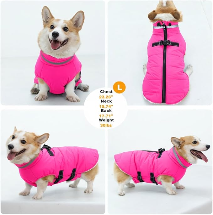 Large Dog Coat with Harness Built-in, Waterproof Reflective Fleece Lined - Warm Windproof Winter Jacket with Back Zipper, Cold Weather Snow Dog Coats - Pink - 2XL