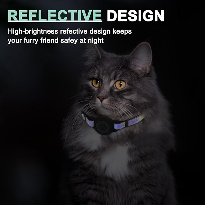 Airtag Cat Collar Breakaway, Reflective Kitten Collar with Apple Air Tag Holder and Bell, Comfortable Padding, Adjustable, Durable, Fits for Girl Boy Cats (Light Black, XS(8"-10.5"))
