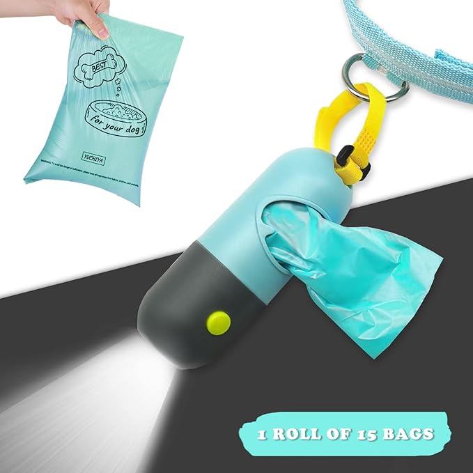 Dog Poop Bag Holder Dispenser with LED Flashlight - Night Visibility for Safe Evening Walks | Upgraded Hands-Free Leash Clip | Includes 15 Dog Waste Bags(Crystal Blue)