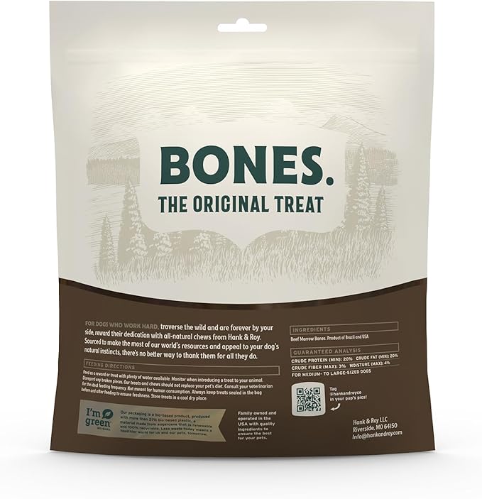 Hank & Roy All-Natural, Single-Ingredient Beef Marrow Bones for Dogs, Long Lasting, Engaging, High Collagen Bone Marrow Dog Bones, Individually Wrapped for Odor Control and Freshness