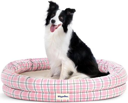 Orthopedic Dog Bed for Large Dogs, Pet Sofa Bed with Egg Crate Foam, 4-Sided Bolster, Removable Washable Cover & Anti-Slip Bottom, Large Pink Plaid