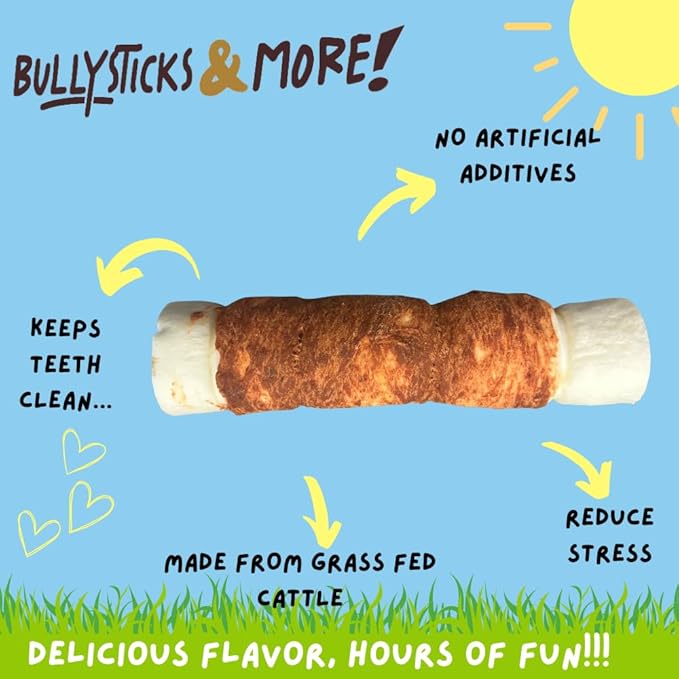 BULLYSTICKS & MORE 10-12" Beef Cheek Rolls for Dogs (Chicken Wrapped - 3 Count) - Beef Cheek Bones for Dogs - Dog Parents Choice - Premium No Hide Rolls