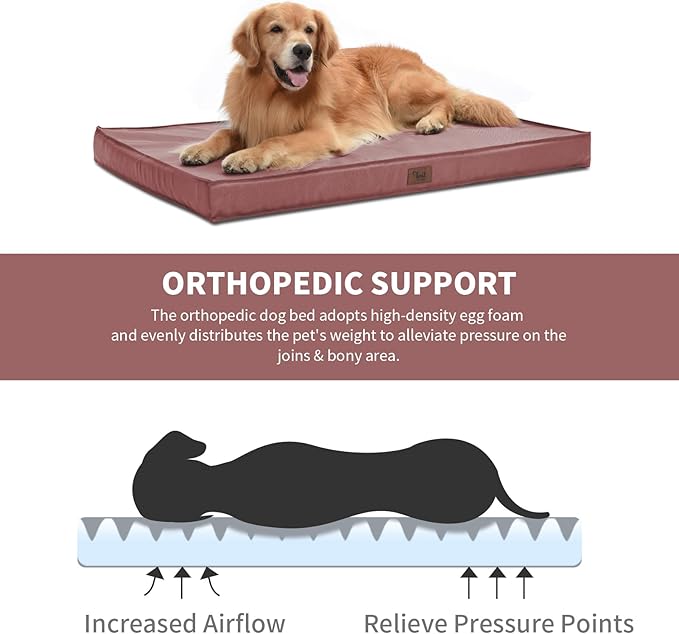 Outdoor Orthopedic Dog Bed, Waterproof Dog Bed for Large Dogs 36x27 Inch, Egg Crate Foam Pet Mat with Washable Removable Oxford Cooling Cover, Pink