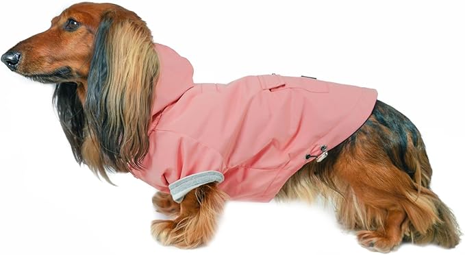 DJANGO Highland Dog Jacket & Raincoat – Water-Repellent, Lined Dog Coat with Hood, Adjustable Fit & Harness Hole – Lightweight Rain & Wind Jacket for Small & Medium Dogs up to 30 lbs (Pink, Small)