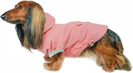 DJANGO Highland Dog Jacket & Raincoat – Water-Repellent, Lined Dog Coat with Hood, Adjustable Fit & Harness Hole – Lightweight Rain & Wind Jacket for Small & Medium Dogs up to 30 lbs (Pink, X-Small)