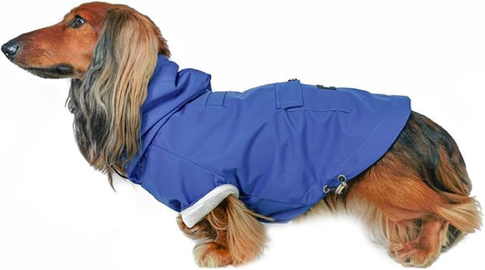 DJANGO Highland Dog Jacket & Raincoat – Water-Repellent, Lined Dog Coat with Hood, Adjustable Fit & Harness Hole – Lightweight Rain & Wind Jacket for Small & Medium Dogs up to 30 lbs (Blue, Small)