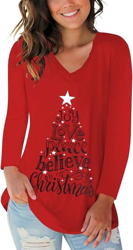 Tobrief Women's Long Sleeve V-Neck Shirts Fall Graphic Tees Loose Casual T-Shirt