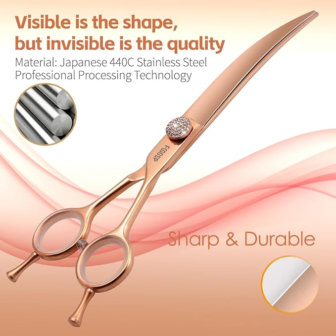 Rose Gold Titanium Curved Dog Grooming Scissors Reverse 7.5'' Downward 30° with Jewelled Screw Japan 440C Professional Pet Grooming Trimming Shears for Dogs Suzhi Teddy(7.5,Curved)