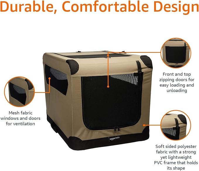 Amazon Basics Dog Crate, Travel Dog Kennel Double Door Collapsible, Lightweight Soft-Sided Folding, Portable Dog Cage, XL 42" x 31" x 31", Tan