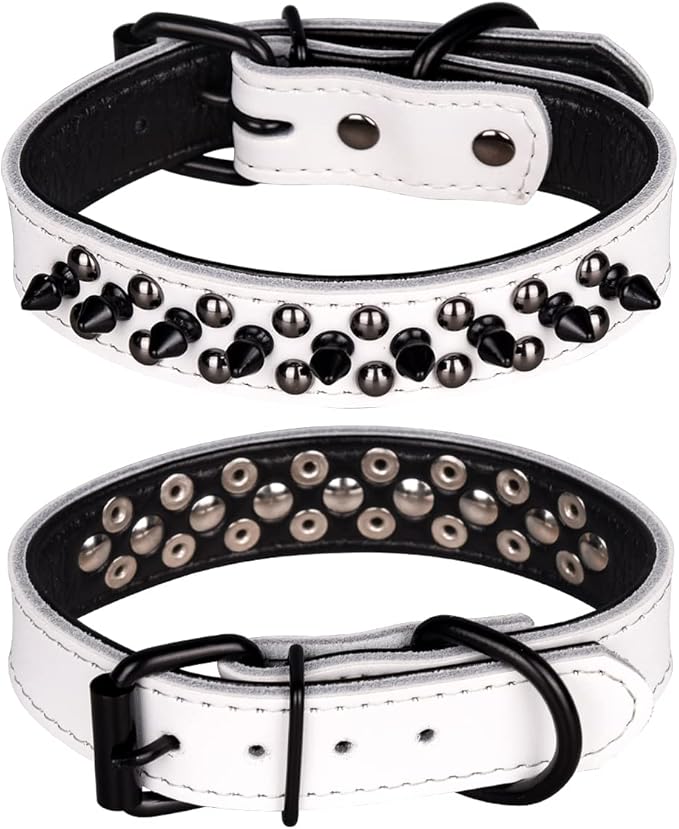 Adjustable Genuine Leather Spiked Studded Dog Collars for Small Medium Large Pets Like Pit Bull Bulldog Pugs Husky (S, White1)