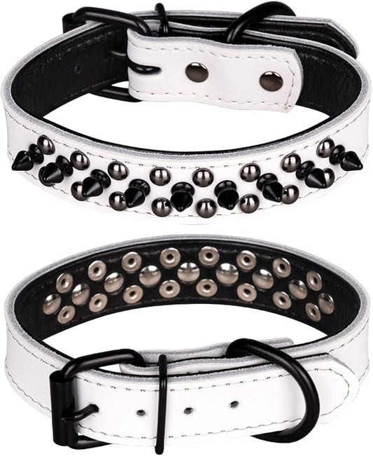 Adjustable Genuine Leather Spiked Studded Dog Collars for Small Medium Large Pets Like Pit Bull Bulldog Pugs Husky (S, White1)