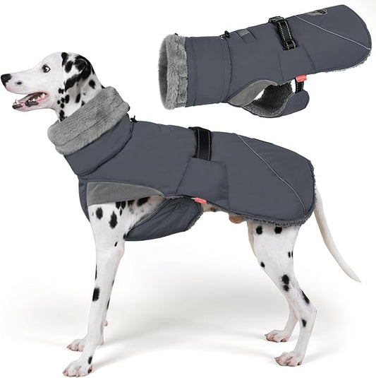 KYEESE Waterproof Dog Coat, Windproof Pet Jacket with Thick Fleece Lining, Extra Warm High Collar Dog Coats for Medium to Large Dogs with Leash Hole and Reflective Strips, Gray, XX-Large