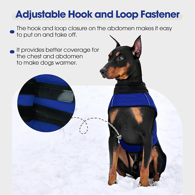 IDOMIK Dog Winter Coat, Warm Waterproof Dog Puffer Jacket with Harness Hole, Adjustable Reflective Snow Jacket Vest with Turtleneck, Pet Cold Weather Coats for Large Dogs,Blue,XL
