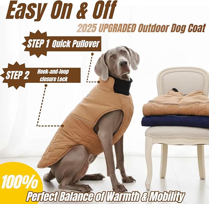 Outdoor Classic Quilted Active Fit Dog Winter Coat, Waterproof & Lightweight Coats for Large Dogs, 2-Layer High-Loft Jacket with Padded Insulation and Warmth Fleece, Pet Clothes for Girl Boy(Khaki, L)
