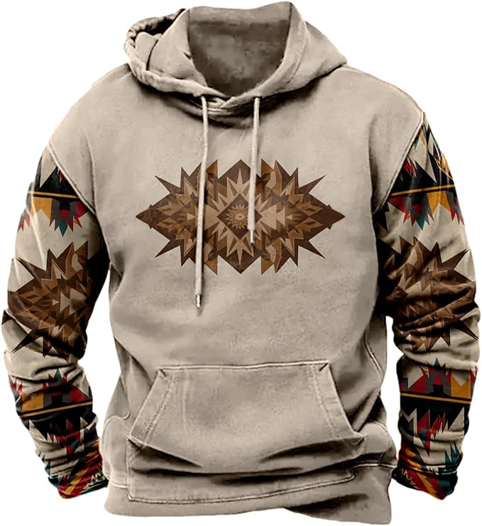 HOTYD Mens Western Aztec Sweatshirts Long Sleeve Fall Fashion Drawstring Pullover Vintage Graphic Cowboy Hoodie for Men