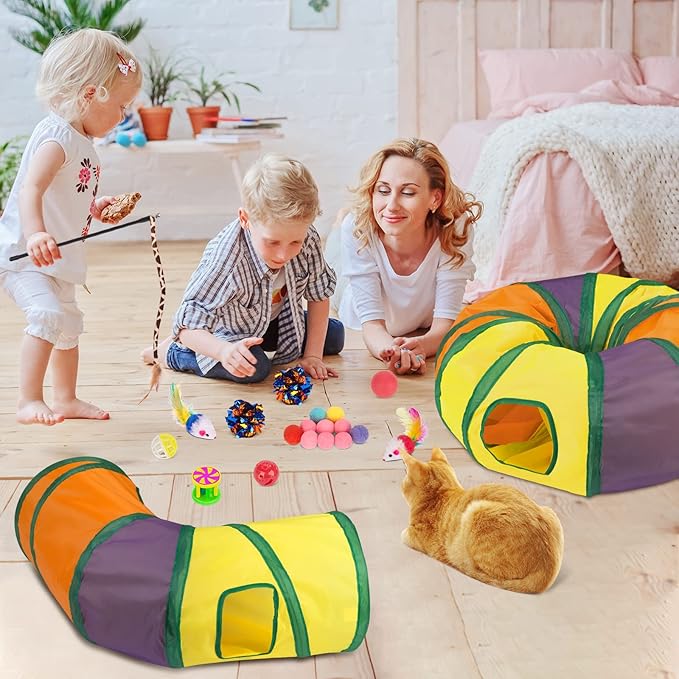 Retro Shaw 33Pack Cat Toys, Cat Tunnels Toy for Indoor Cats Kitten Kitty, Interactive Large Cat Tube Tent Feather Wand Teaser Bell Fuzzy Ball Springs Mouse Pet Set