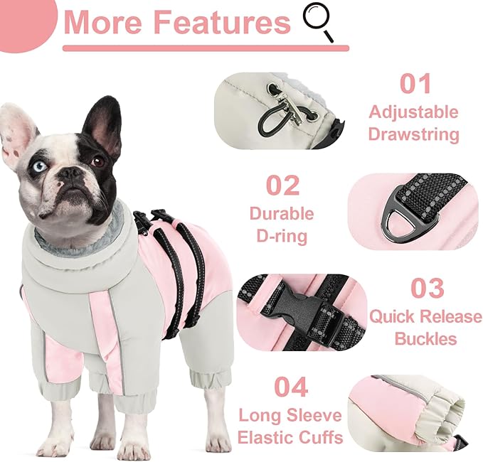 KOESON Four Legged Winter Coat, Warm Dog Jacket with Adjustable Buckles, Turtleneck Windproof Fleece Jackets, Reflective Fullbody Snowsuit Puffer Coat Pink Grey XL