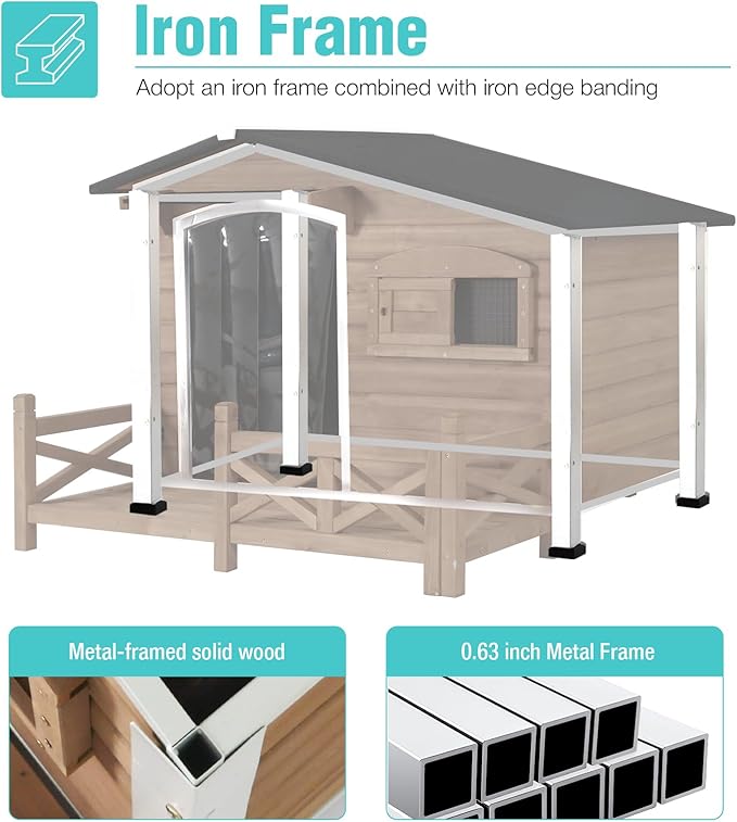 Dog House for Outdoor Use with Matel Frame, Waterproof Design- All-Weather Wooden Kennel with Sliding Window & Metal Frame (Brown, L)