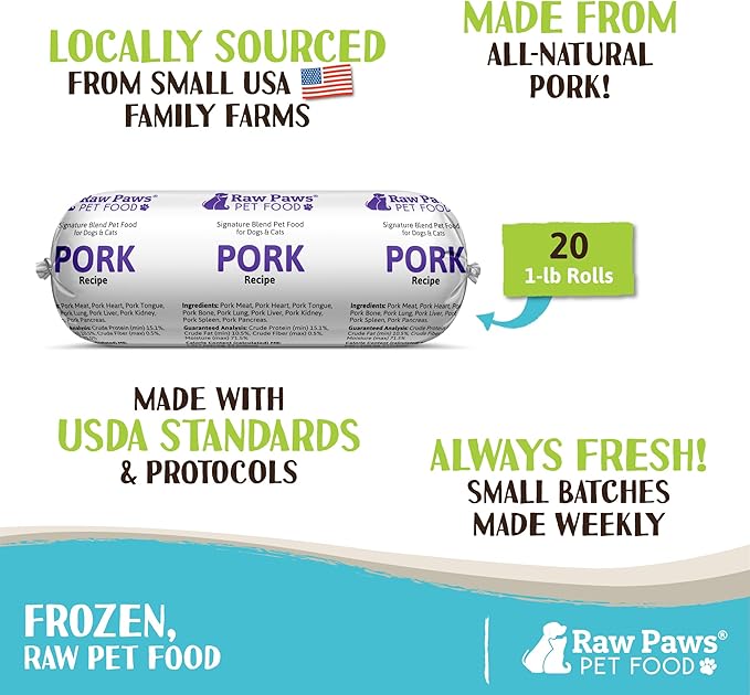 Raw Paws Signature Blend Pet Food for Dogs & Cats - Pork Recipe, 1-lb Rolls (20 Pack) - Fresh Raw Food Made in USA - Natural Dog Food Roll - Frozen Raw Pork Dog Food Log Diet