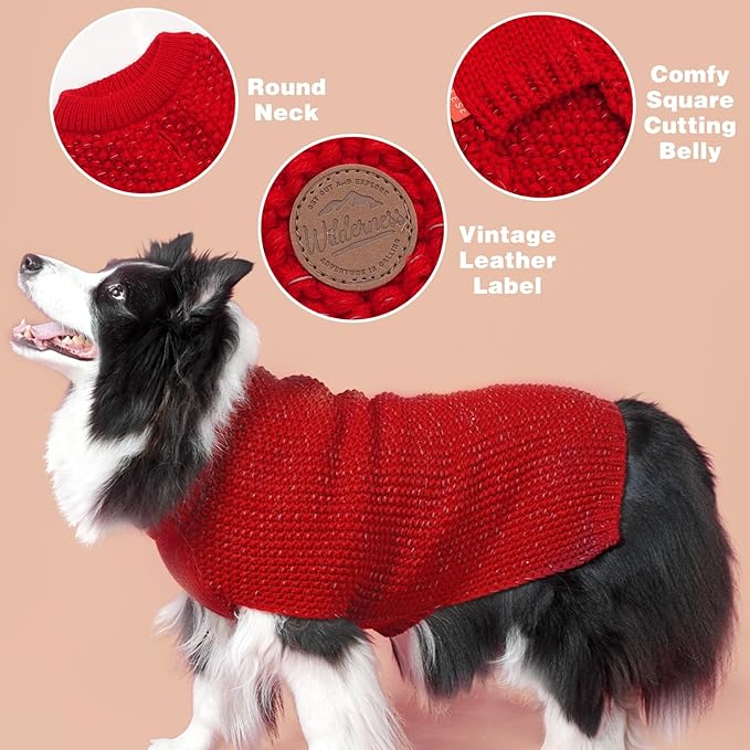 KYEESE Dog Christmas Sweater with Leash Hole Warm Pullover with Reflective Yarn for Small and Medium Dogs Male Soft Knit Pullover Boy Dog Coats Cozy Lightweight Thick Sweater,Red,Large