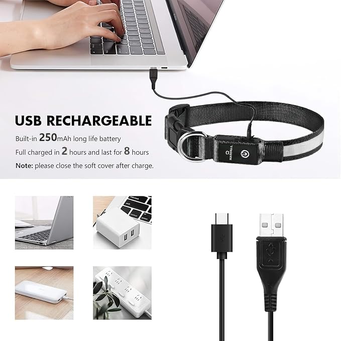 MASBRILL Light Up Dog Collars - LED Dog Collar Rechargeable Lighted Dog Collars for Night Resistant-Water Glow Dog Collar