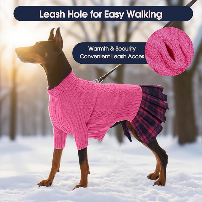 IECOii Girl Dog Sweater Dress - Cable Knit Dog Sweater for Medium Dogs Girl, Pink, Large - Turtleneck Winter Sweaters with Leash Hole, Soft & Stretchy Adorable Dress for Thanksgiving Christmas Photo