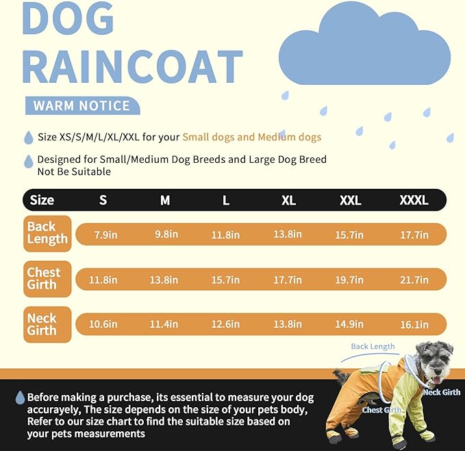 Dog Raincoat with Transparent Hood, Waterproof Jacket for Small Dogs with Snap-Button Chest, Leash Hole & Hook-and-Loop Cuffs Sleeves, Back Pocket for Treats (Yellow, Medium)
