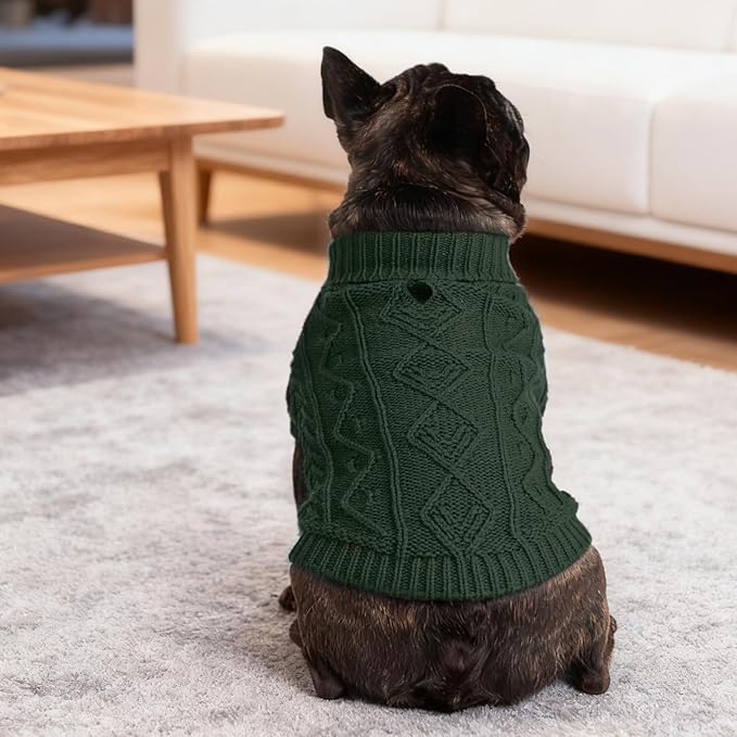 PUPTECK Dog Sweater, Turtleneck Warm Knitted Pullover Coat, Thick Cable Knitwear Clothes in Winter, Pet Apparel Outfits for Large Dogs, for Cold Weather Indoor & Outdoor, Deep Green L