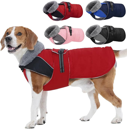 Nanaki Warm Fleece Lined Furry Collar Winter Coats Jackets Vests for Dogs, Waterproof Reflective Dog Snowsuit with Leash Hole Outdoor Walking Hunting, Easy On Pullover Medium Dog Puppy Coat Red XL