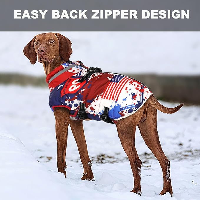 Large Dog Coat with Harness Built-in, Waterproof Reflective Fleece Lined - Warm Windproof Winter Jacket with Back Zipper, Cold Weather Snow Dog Coats - Flag - 3XL