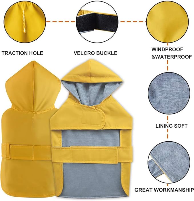 Dog Raincoat Dog Rain Jacket Poncho Waterproof Pet Rain Suit Double Layer Breathable Lining Hooded Leash Hole Adjustable Puppy Small Medium Dogs,Yellow,XXL